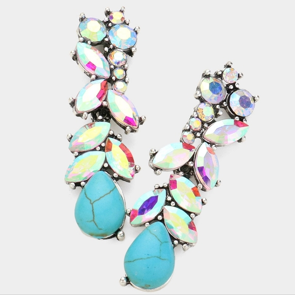 Natural Stone Abalone Silver Cluster Marquise Crystal Dangle Earrings 2 Inch - Picture 3 of 3